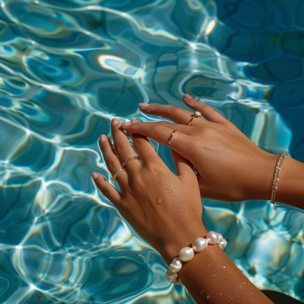 Zwei Hände im Wasser mit Goldenen Ringen und Armbändern von SCHMUCKWELT